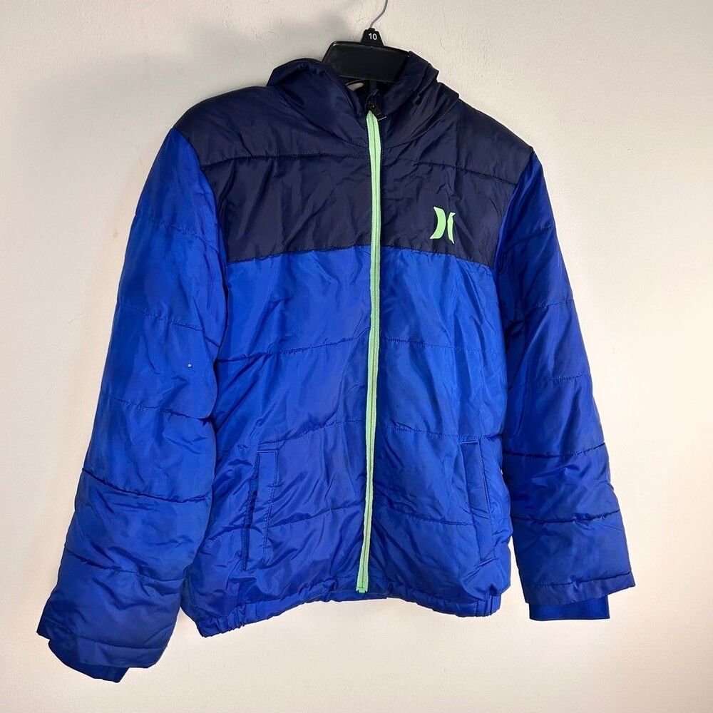 Hurley Boys Puffer Jacket Size L 12-13 Years Blue Navy Hooded Full Zip Coat - Picture 2 of 10
